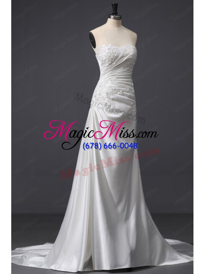 wholesale elegant column strapless ruching and appliques wedding dress with court train