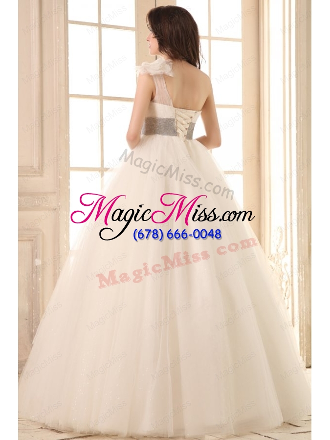 wholesale ball gown one shoulder beaded decorate waist tulle wedding dress