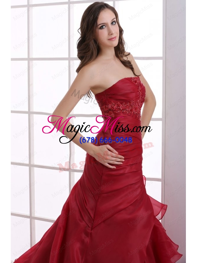 wholesale wine red court train wedding dress with appliques and ruffles