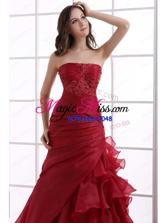 wholesale wine red court train wedding dress with appliques and ruffles