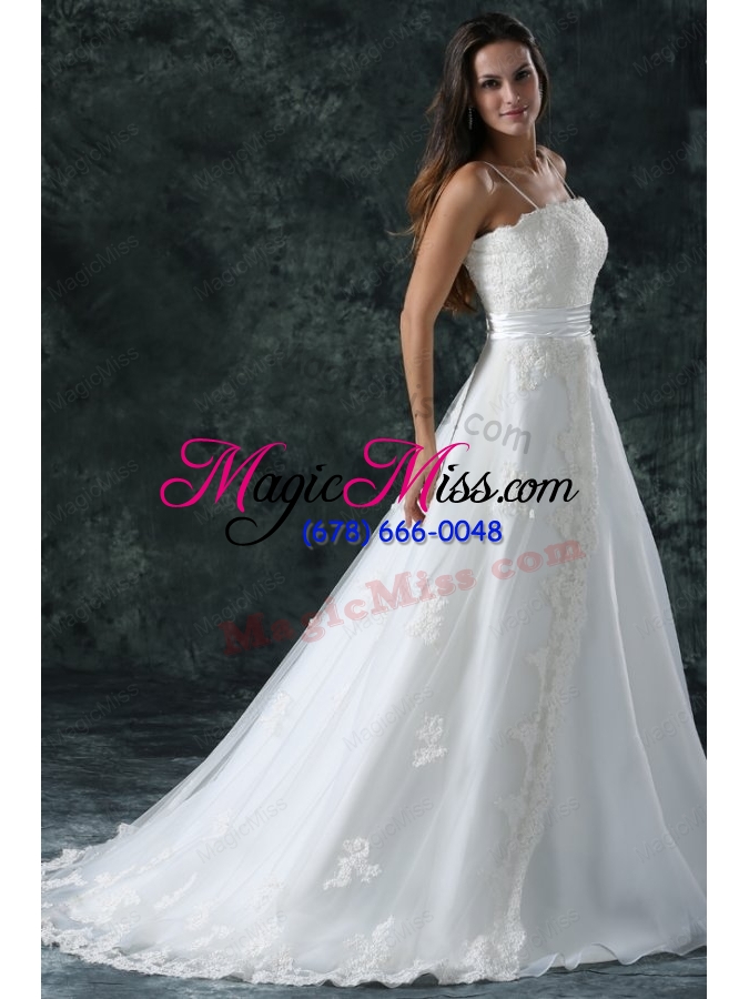 wholesale a-line straps appliques lace up tulle wedding dress with court train