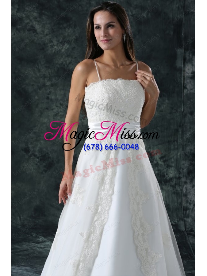 wholesale a-line straps appliques lace up tulle wedding dress with court train