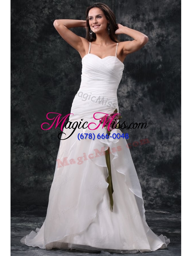wholesale a-line straps brush train ruching organza wedding dress with side zipper
