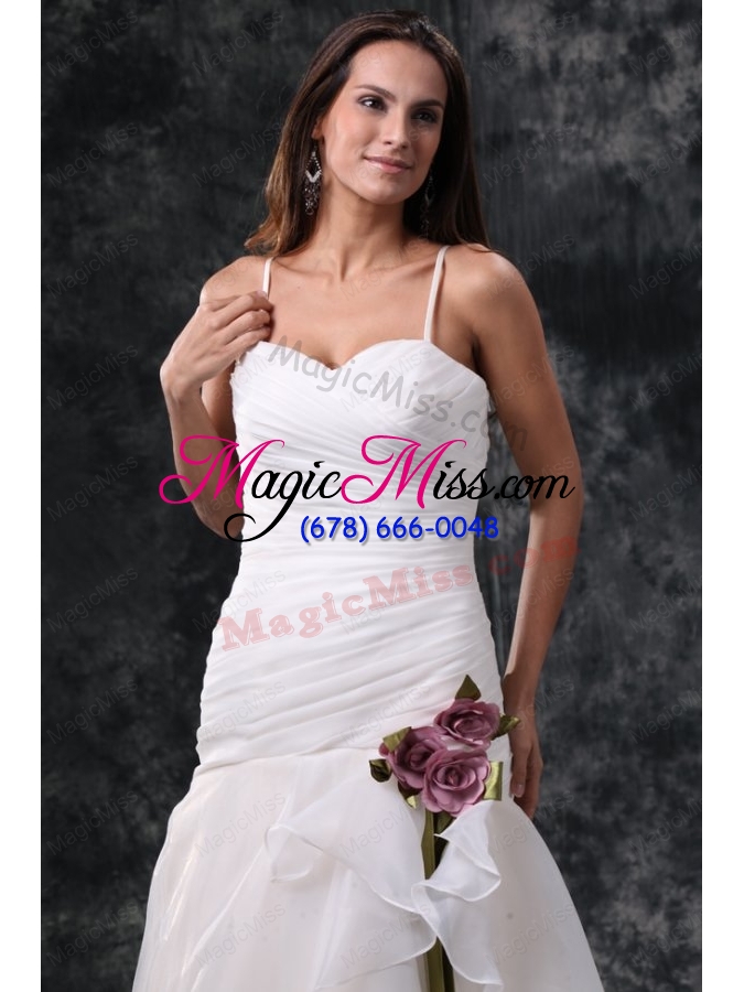 wholesale a-line straps brush train ruching organza wedding dress with side zipper