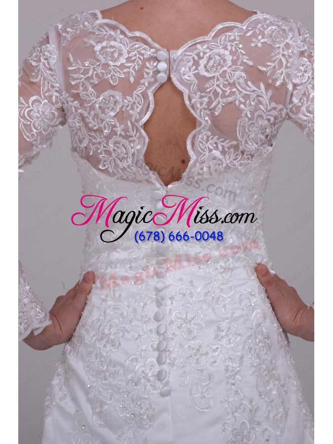 wholesale a-line v-neck lace up lace appliques court train wedding dress with 3/4 sleeveles
