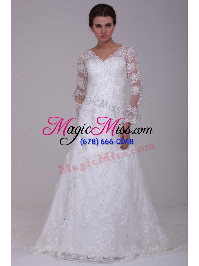 wholesale a-line v-neck lace up lace appliques court train wedding dress with 3/4 sleeveles