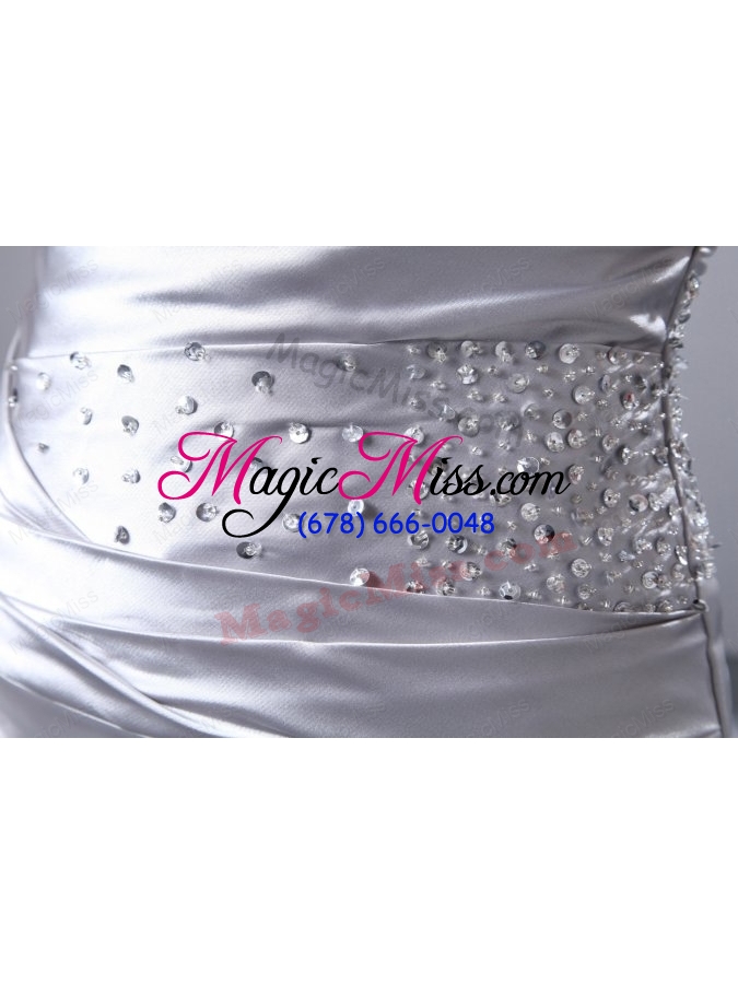 wholesale column strapless silver beading ruching brush train wedding dress