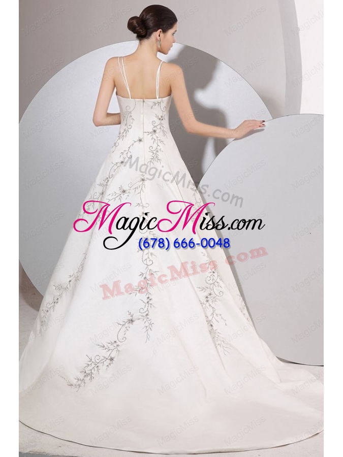 wholesale a line straps embroidery satin wedding dress with zipper up