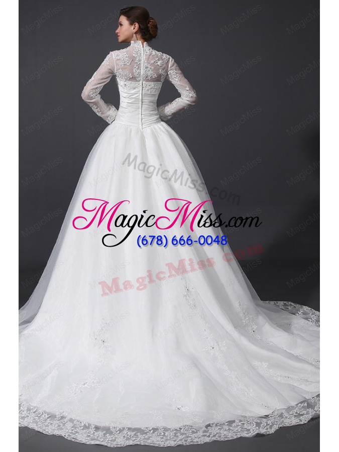 wholesale a line high neck organza wedding dress with chapel train with appliques