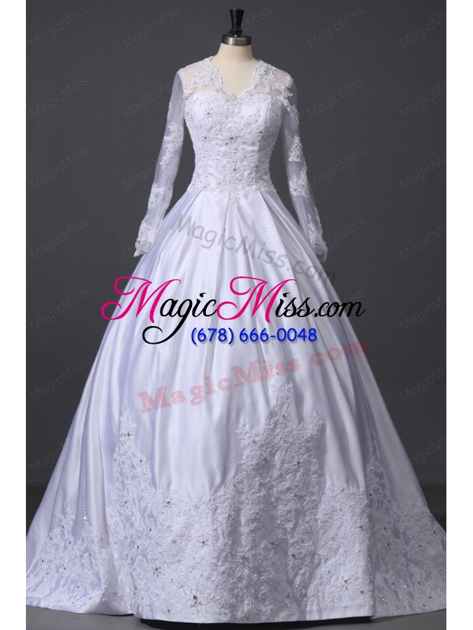wholesale a line v neck appliques 2015 wedding dress with long sleeves