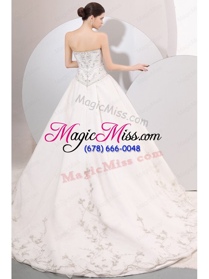 wholesale strapless a line embroidery and beading wedding dress with chapel train