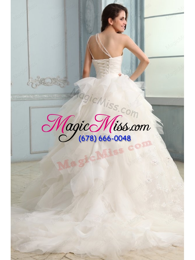 wholesale one shoulder ball gown beading and appliques organza wedding dress