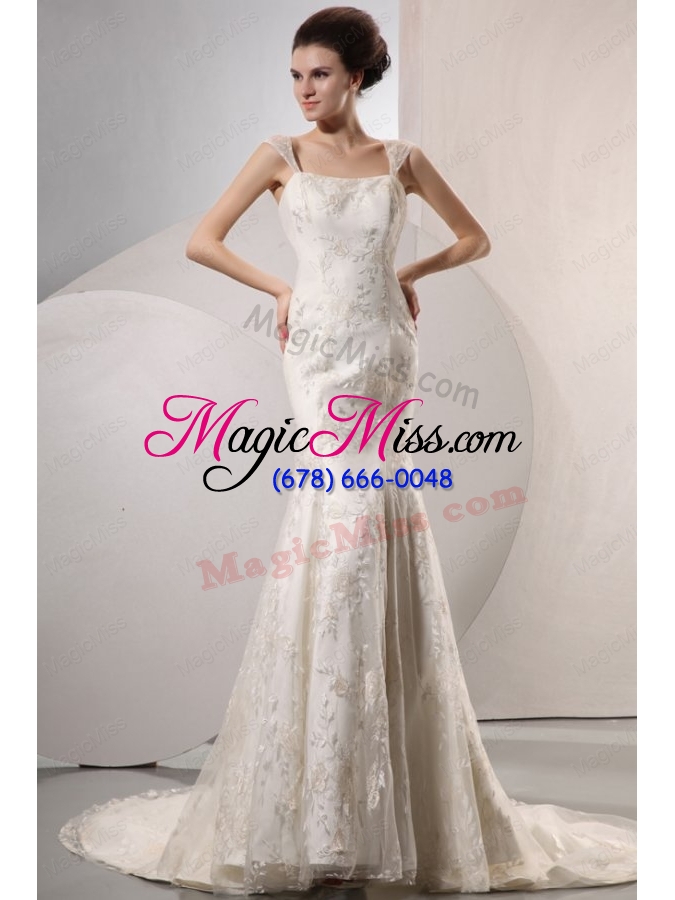 wholesale exquisite wide straps mermaid lace court train wedding dress