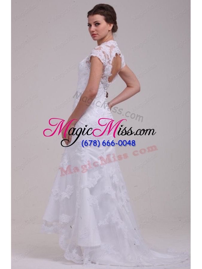 wholesale column high neck appliques open back lace wedding dress with brush train