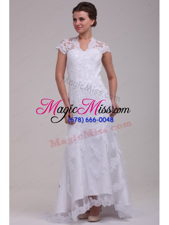 wholesale column high neck appliques open back lace wedding dress with brush train