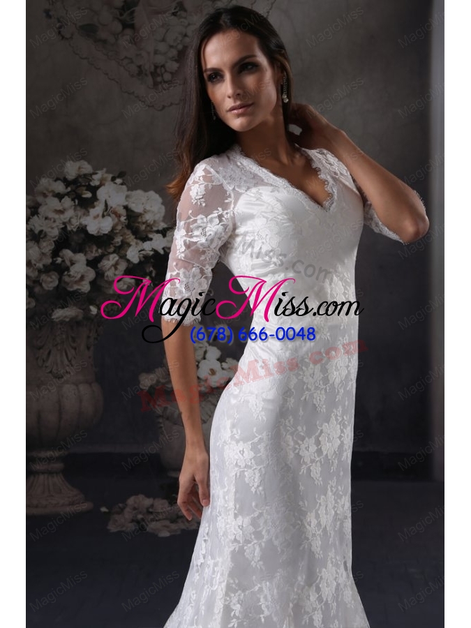 wholesale column v neck open back lace wedding dress with court train