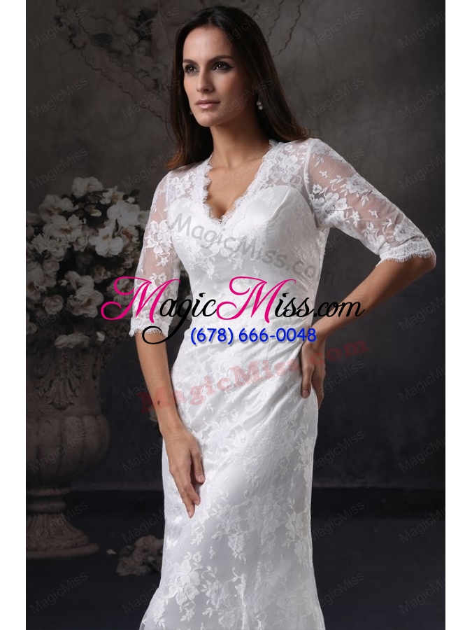 wholesale column v neck open back lace wedding dress with court train
