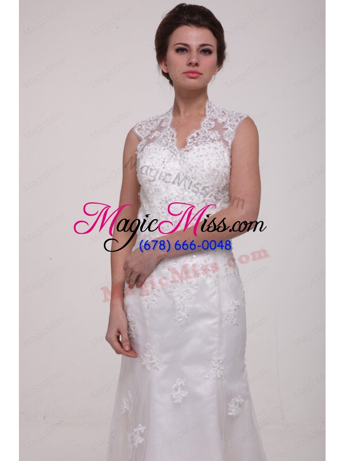 wholesale column high neck brush train appliques lace wedding dress