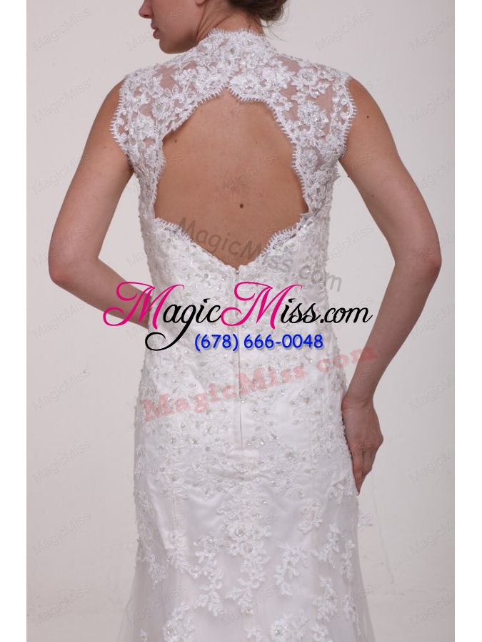wholesale column high neck brush train appliques lace wedding dress