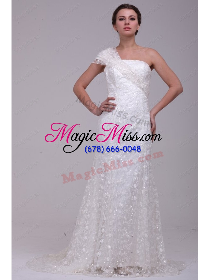 wholesale column one shoulder lace paillette wedding dress with side zipper