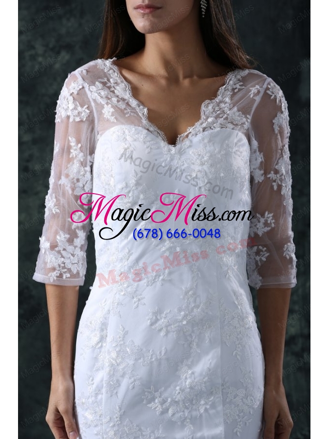 wholesale column v neck brush train appliques lace wedding dress with half sleeves
