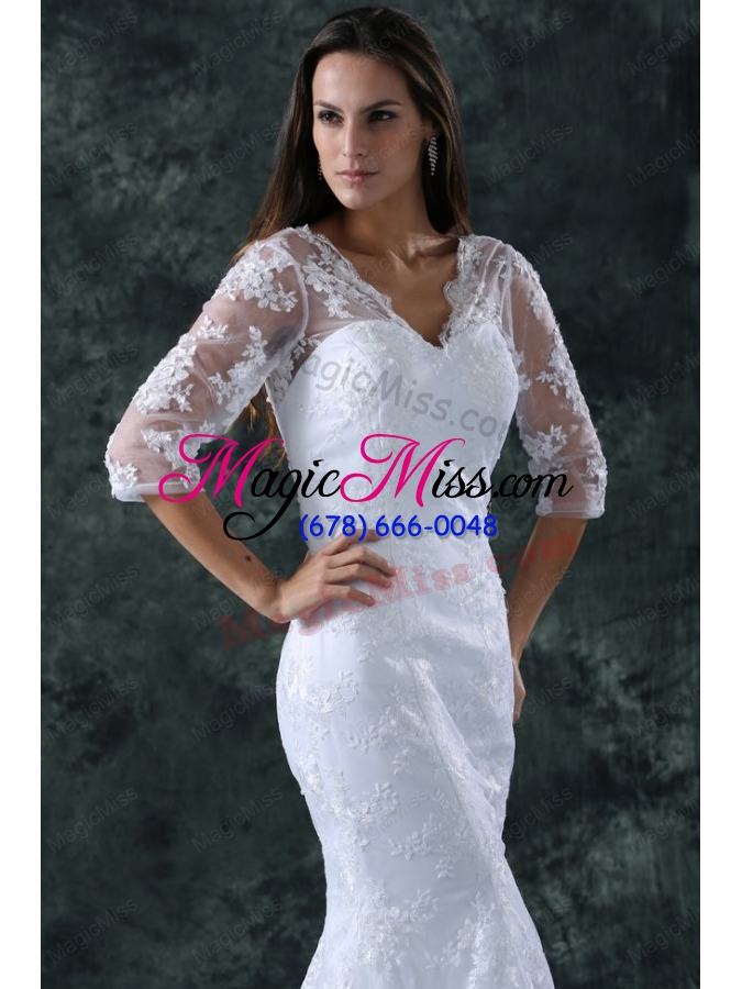 wholesale column v neck brush train appliques lace wedding dress with half sleeves