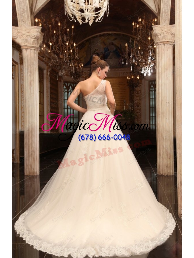 wholesale a line one shoulder appliques tulle wedding dress with side zipper