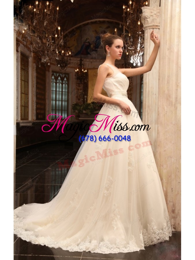 wholesale a line one shoulder appliques tulle wedding dress with side zipper
