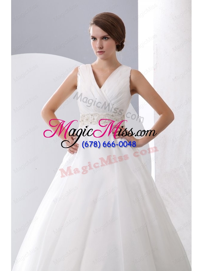 wholesale a line v neck zipper up court train beading and ruching organza wedding dress