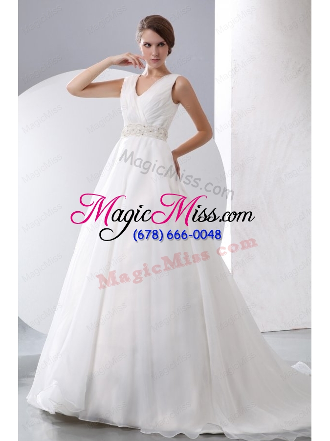 wholesale a line v neck zipper up court train beading and ruching organza wedding dress