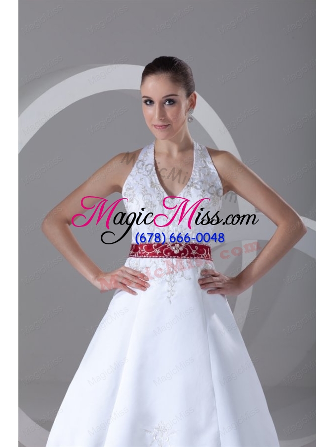 wholesale a line halter embroidery lace up wedding dress with satin chapel train