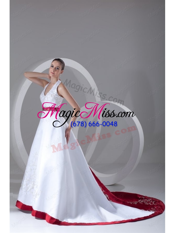 wholesale a line halter embroidery lace up wedding dress with satin chapel train