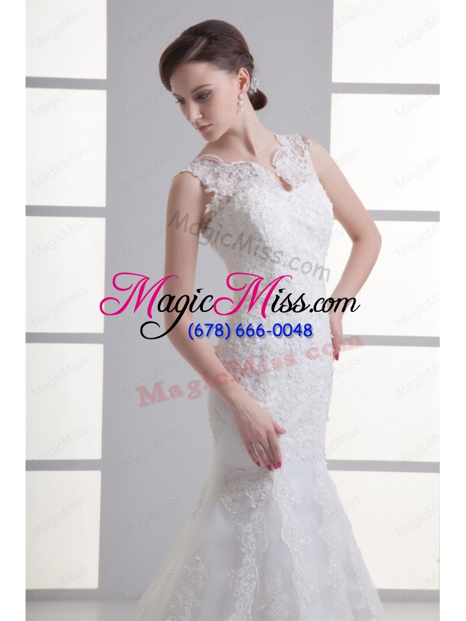 wholesale mermaid v neck lace appliques court train wedding dress with zipper up