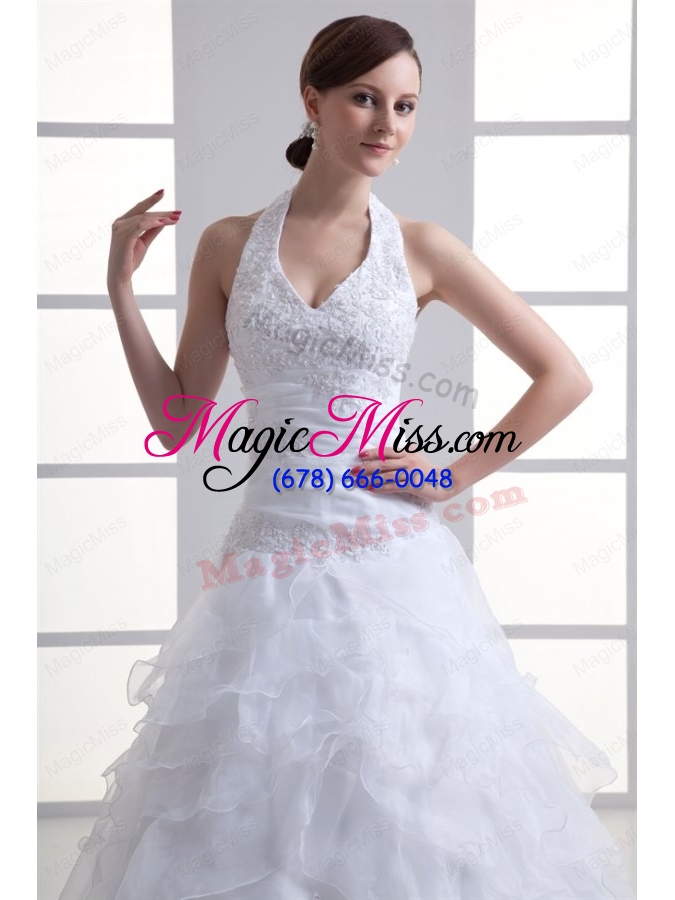 wholesale a line halter top appliques and ruching court train wedding dress