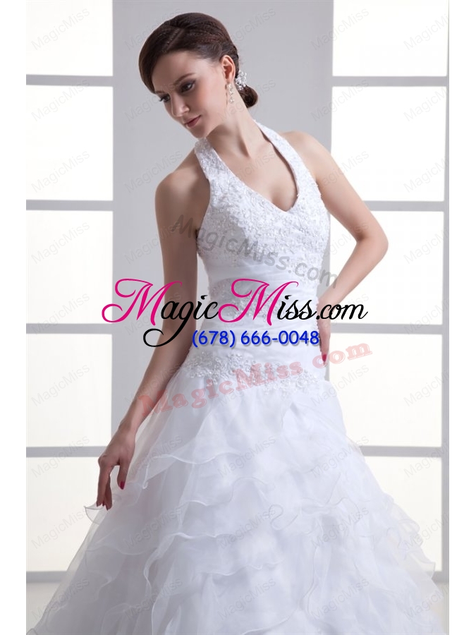 wholesale a line halter top appliques and ruching court train wedding dress