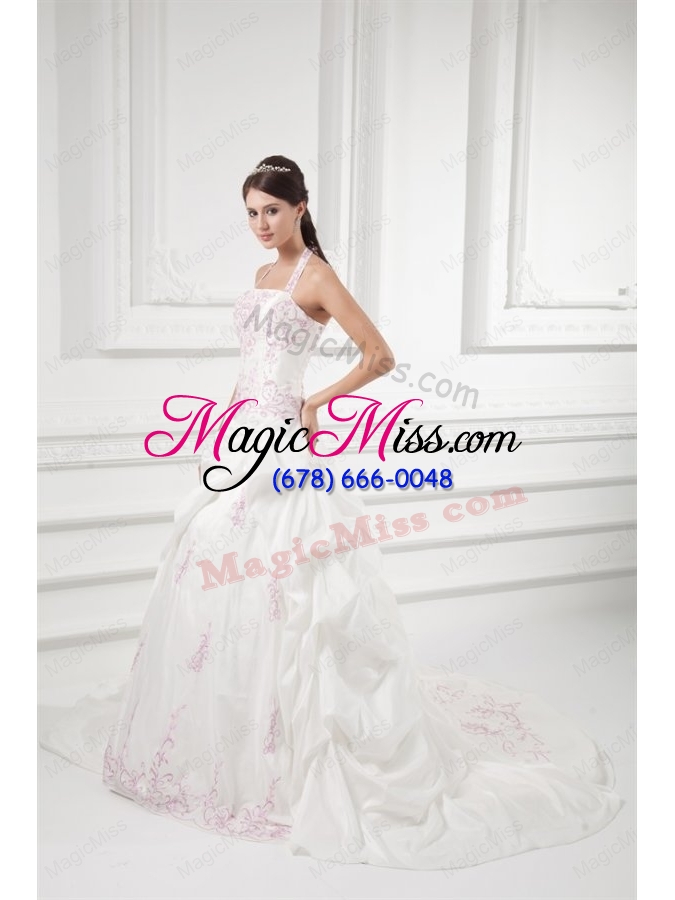 wholesale elegant halter top court train wedding dress with embroidery and pick ups