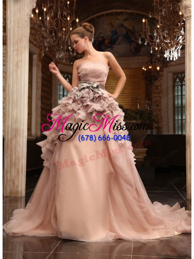 wholesale ball gown strapless champagne ruffles organza wedding dress with court train