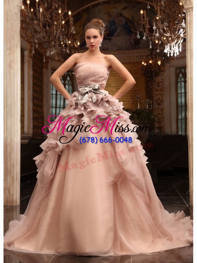 wholesale ball gown strapless champagne ruffles organza wedding dress with court train