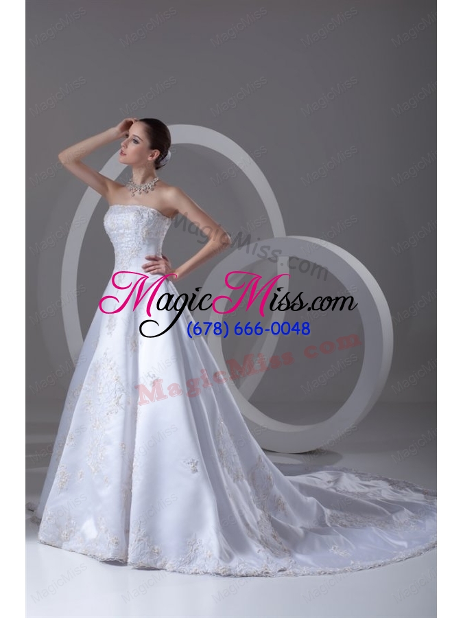 wholesale a-line strapless appliques cathedral train satin wedding dress