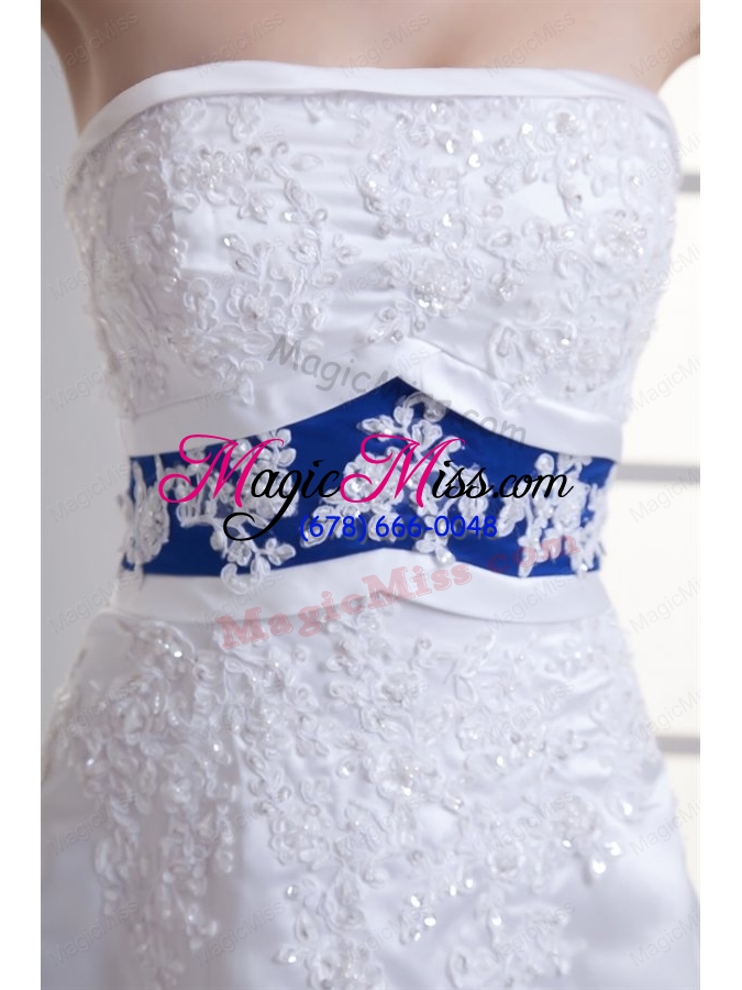 wholesale a-line appliques strapless satin belt court train wedding dress