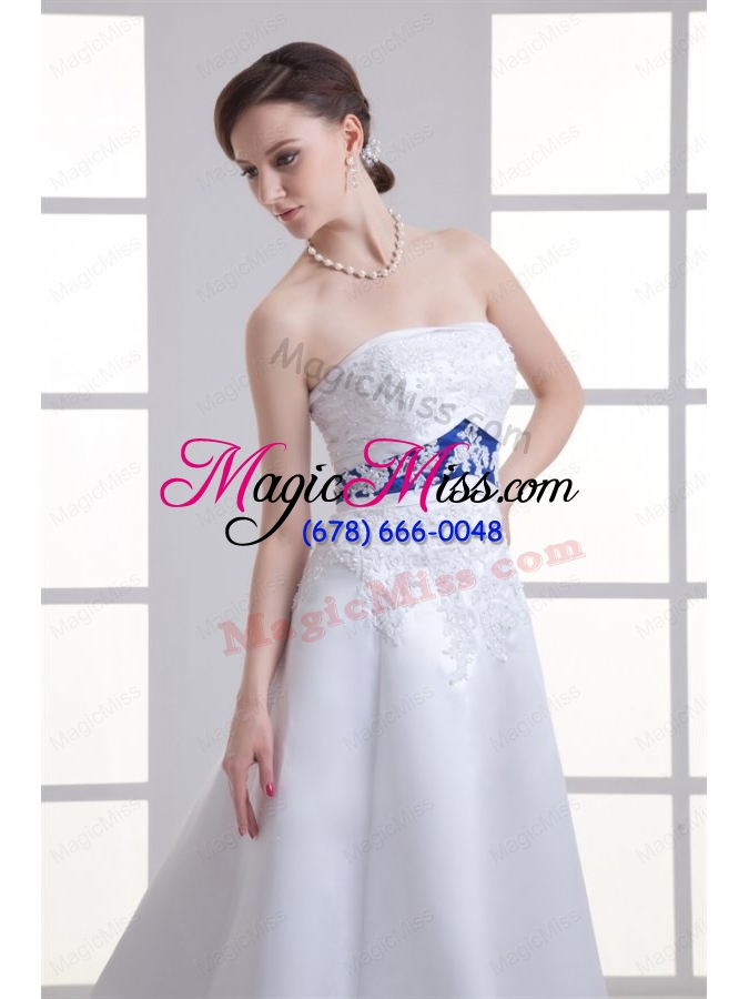wholesale a-line appliques strapless satin belt court train wedding dress