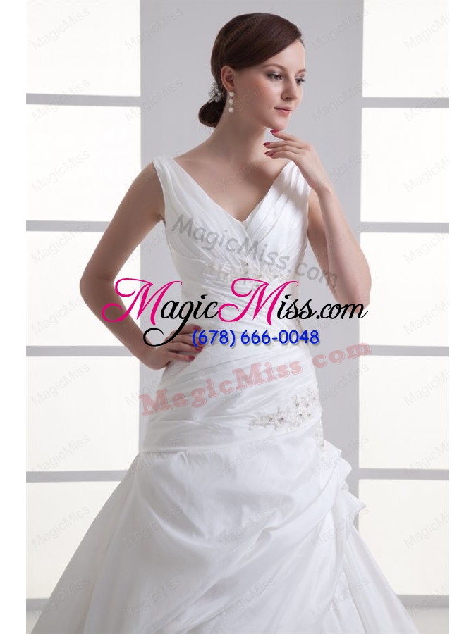 wholesale gorgeous v neck cathedral train wedding dress with appliques and beading