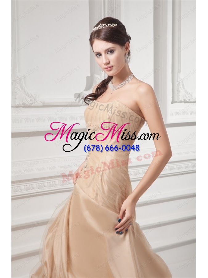 wholesale champagne strapless court train wedding dress with embroidery and pick ups