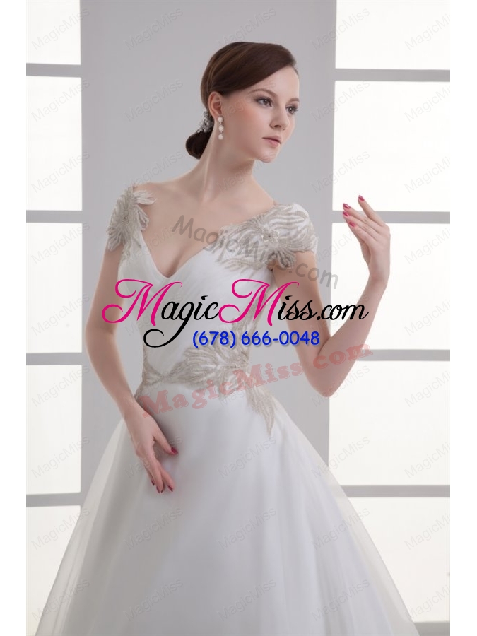 wholesale a-line v-neck cap sleeves beading tulle court train wedding dress