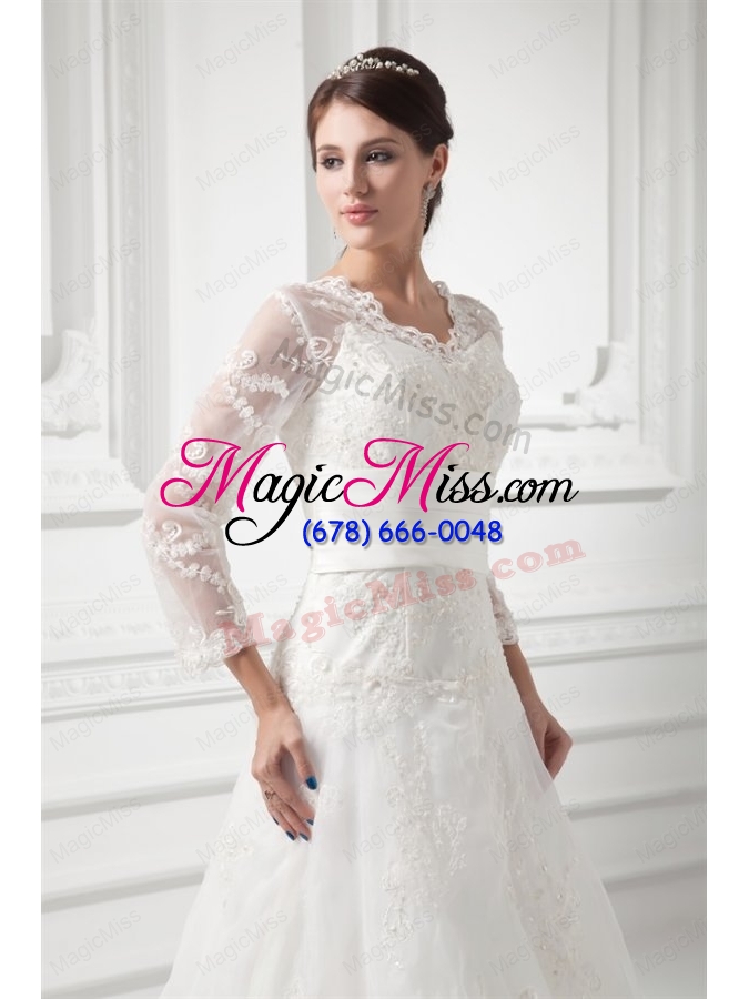 wholesale a-line v-neck long sleeves lace belt court train wedding dress
