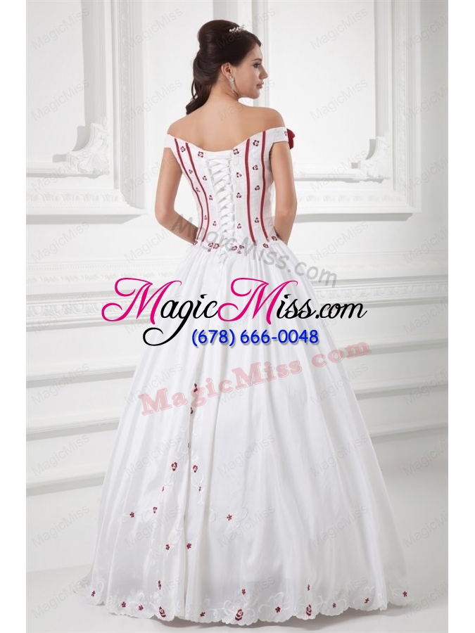 wholesale a line off the shoulder appliques and hand made flowers wedding dress