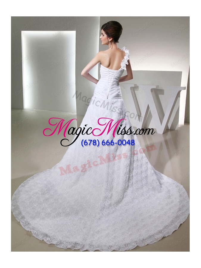 wholesale popular princses one shoulder ruching fabric with rolling flower wedding  dress