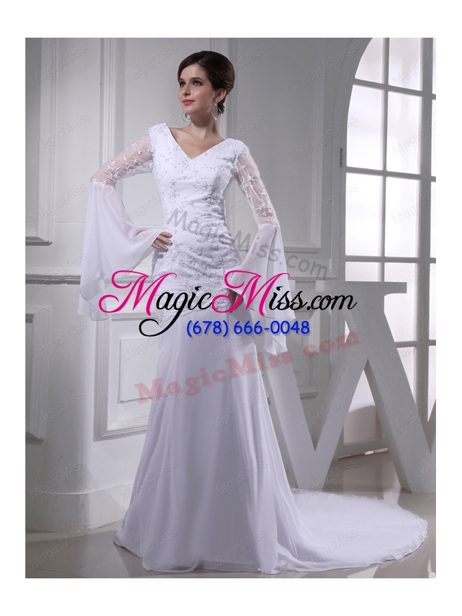 wholesale cheap column v neck lace chiffon wedding dress with long sleeves