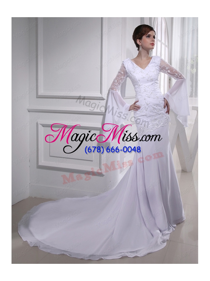 wholesale cheap column v neck lace chiffon wedding dress with long sleeves