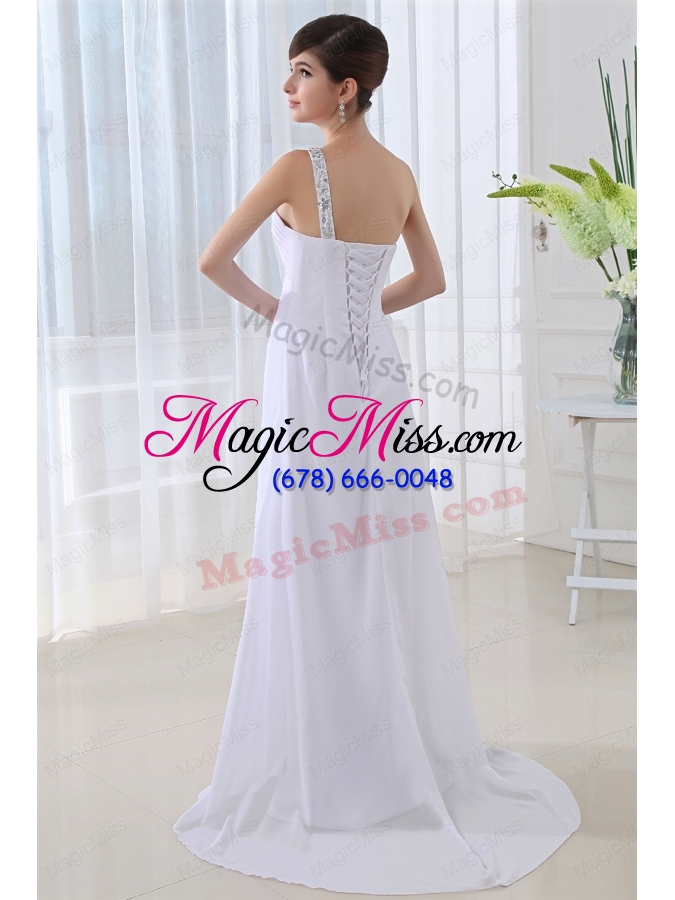 wholesale elegant empire one shoulder ruching appliques high slit wedding dress